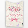 Elegant Watercolor Rose Bouquet Ribbon Butterfly Warm Cream Lovely  Personalised Custom Name Super Soft Fleece Blanket Bed Sofa Throw