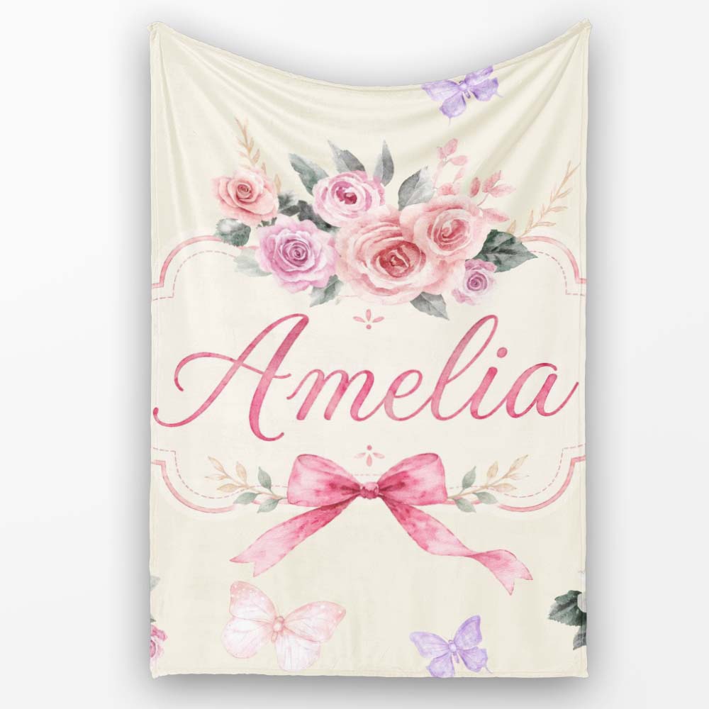 Elegant Watercolor Rose Bouquet Ribbon Butterfly Warm Cream Lovely  Personalised Custom Name Super Soft Fleece Blanket Bed Sofa Throw