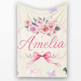 Elegant Watercolor Rose Bouquet Ribbon Butterfly Warm Cream Lovely  Personalised Custom Name Super Soft Fleece Blanket Bed Sofa Throw