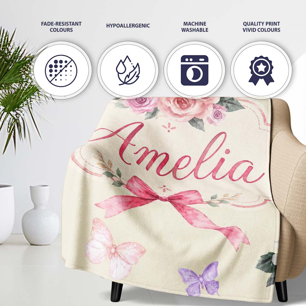 Elegant Watercolor Rose Bouquet Ribbon Butterfly Warm Cream Lovely  Personalised Custom Name Super Soft Fleece Blanket Bed Sofa Throw