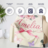 Elegant Watercolor Rose Bouquet Ribbon Butterfly Warm Cream Lovely  Personalised Custom Name Super Soft Fleece Blanket Bed Sofa Throw