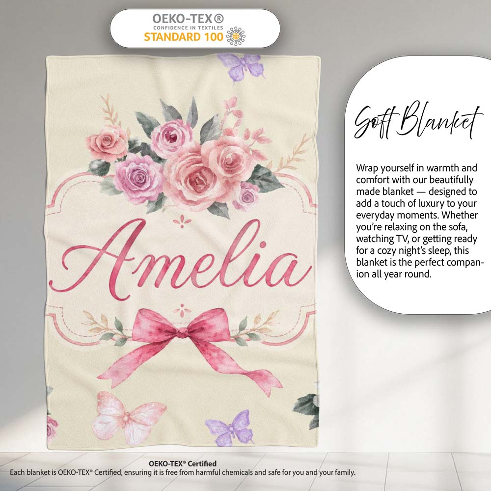 Elegant Watercolor Rose Bouquet Ribbon Butterfly Warm Cream Lovely  Personalised Custom Name Super Soft Fleece Blanket Bed Sofa Throw