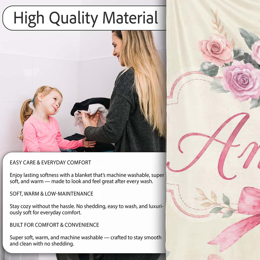 Elegant Watercolor Rose Bouquet Ribbon Butterfly Warm Cream Lovely  Personalised Custom Name Super Soft Fleece Blanket Bed Sofa Throw