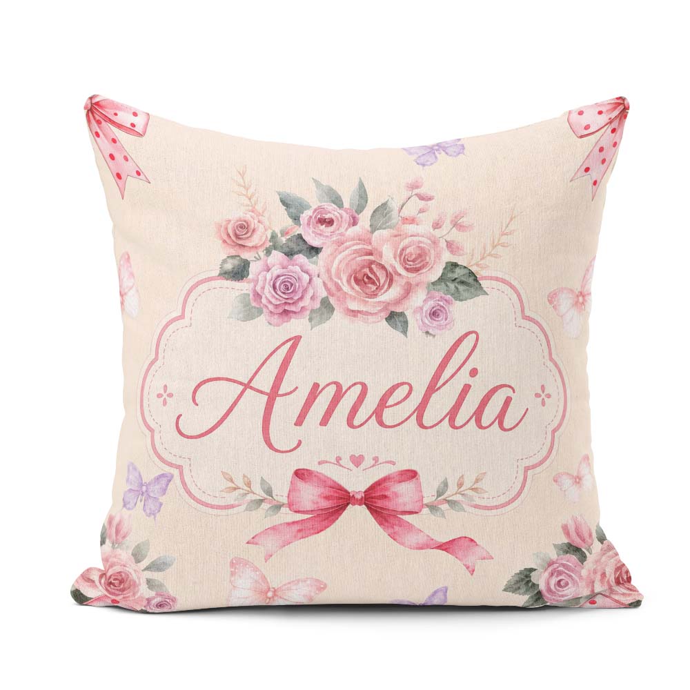 Custom Name Elegant Watercolor Rose Bouquet Ribbon Soft Neutral Square Filled Cushion Throw Pillow Sofa Bed Home Decor Zip Washable UK Made