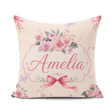 Custom Name Elegant Watercolor Rose Bouquet Ribbon Soft Neutral Square Filled Cushion Throw Pillow Sofa Bed Home Decor Zip Washable UK Made