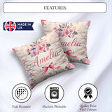 Custom Name Elegant Watercolor Rose Bouquet Ribbon Soft Neutral Square Filled Cushion Throw Pillow Sofa Bed Home Decor Zip Washable UK Made