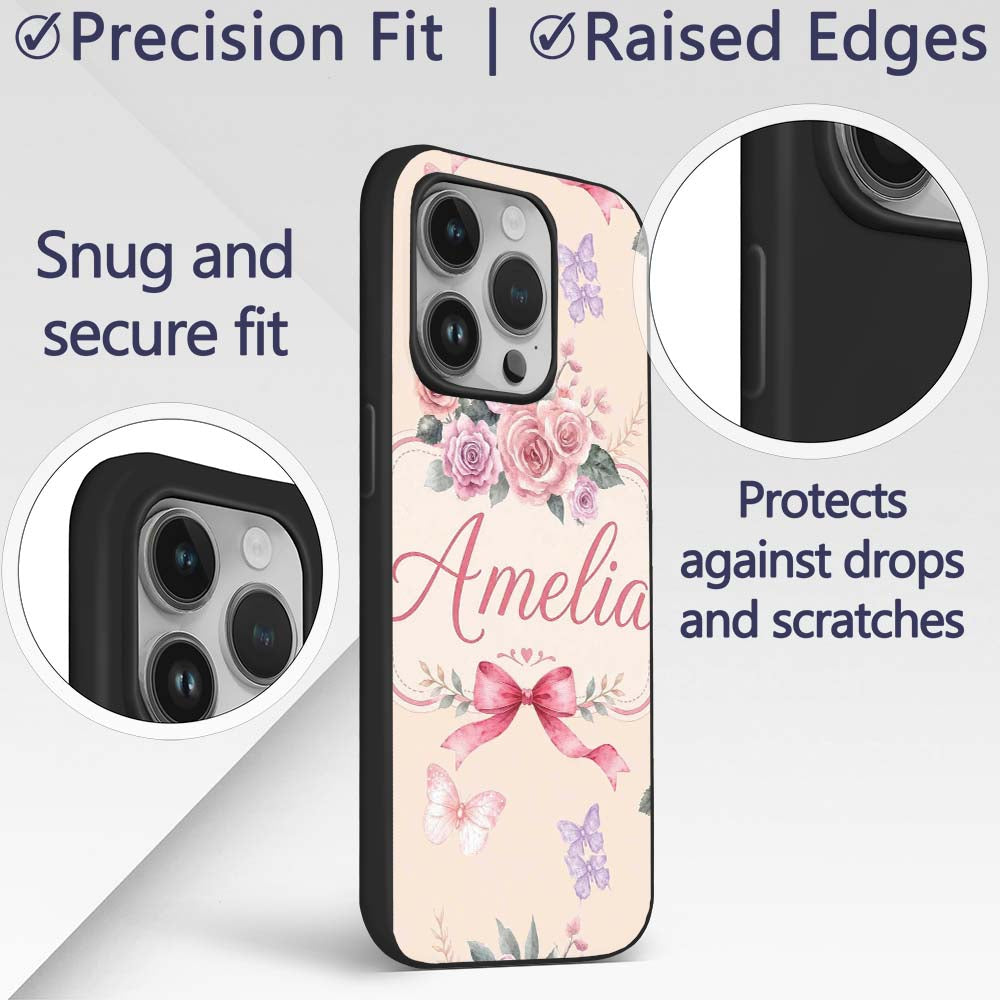 Elegant Watercolor Rose Bouquet Ribbon Butterfly Custom Name Protective Phone Case Mobile Cover Durable Everyday Smartphone Shock Resistant