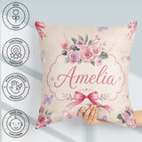 Custom Name Elegant Watercolor Rose Bouquet Ribbon Soft Neutral Square Filled Cushion Throw Pillow Sofa Bed Home Decor Zip Washable UK Made