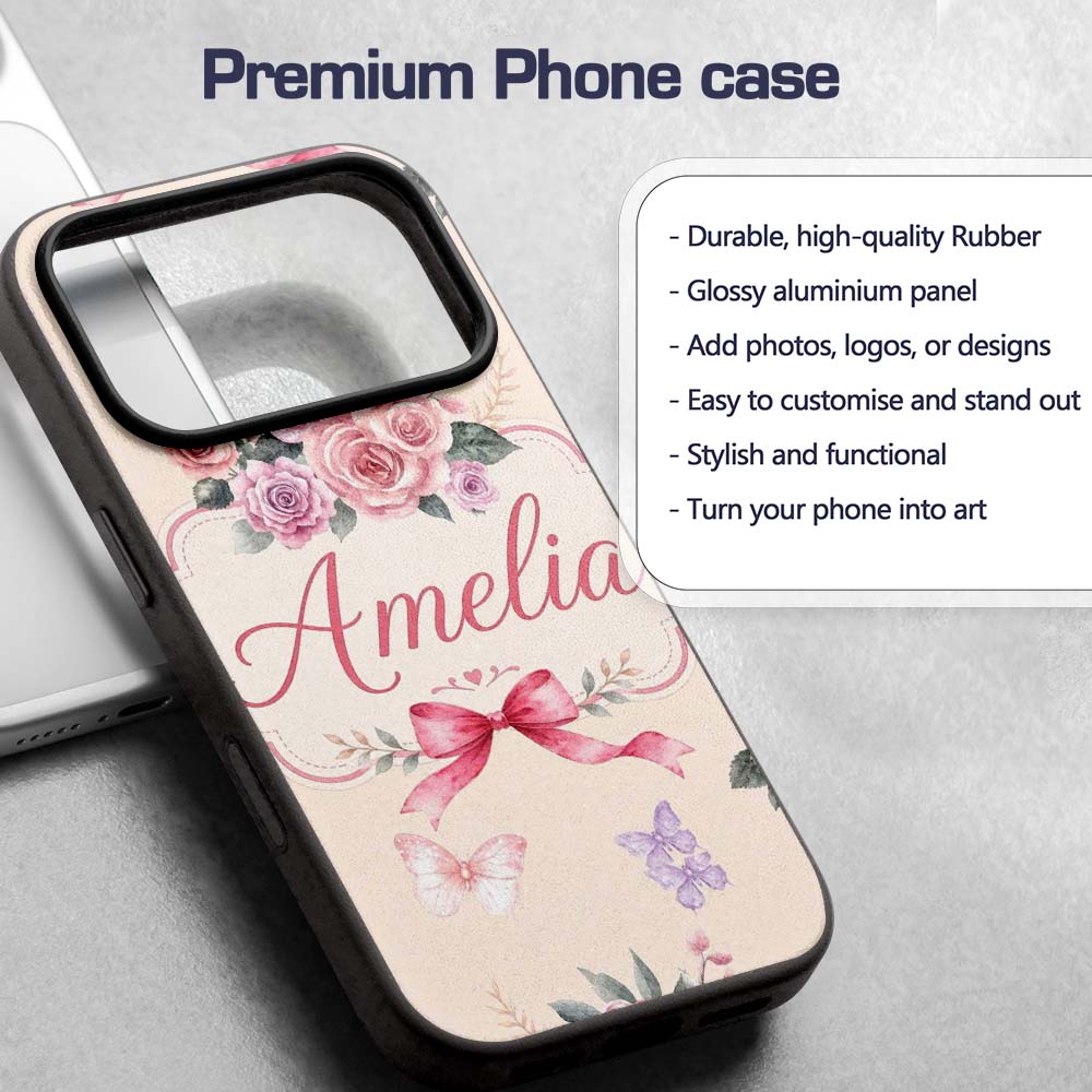 Elegant Watercolor Rose Bouquet Ribbon Butterfly Custom Name Protective Phone Case Mobile Cover Durable Everyday Smartphone Shock Resistant