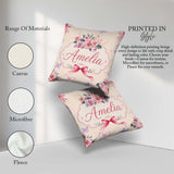 Custom Name Elegant Watercolor Rose Bouquet Ribbon Soft Neutral Square Filled Cushion Throw Pillow Sofa Bed Home Decor Zip Washable UK Made