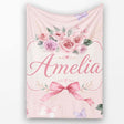 Elegant Watercolor Rose Bouquet Ribbon Butterfly Pink Background  Personalised Custom Name Super Soft Fleece Blanket Bed Sofa Throw