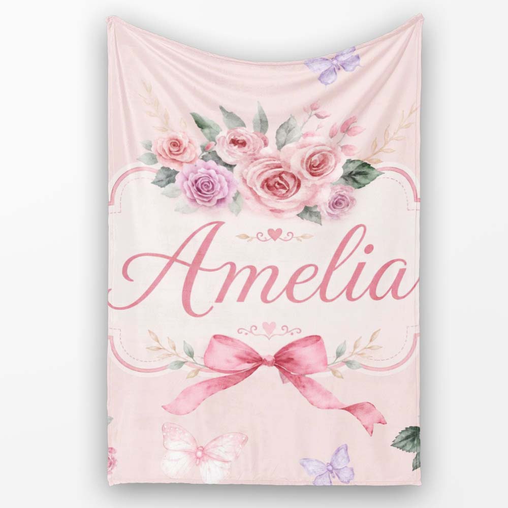 Elegant Watercolor Rose Bouquet Ribbon Butterfly Pink Background  Personalised Custom Name Super Soft Fleece Blanket Bed Sofa Throw