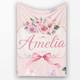 Elegant Watercolor Rose Bouquet Ribbon Butterfly Pink Background  Personalised Custom Name Super Soft Fleece Blanket Bed Sofa Throw