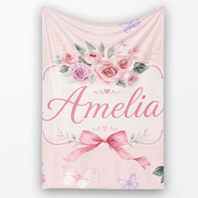 Elegant Watercolor Rose Bouquet Ribbon Butterfly Pink Background  Personalised Custom Name Super Soft Fleece Blanket Bed Sofa Throw