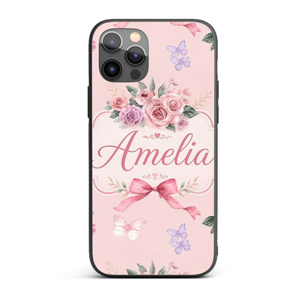 Elegant Watercolor Rose Bouquet Ribbon Butterfly Custom Name Protective Phone Case Mobile Cover Durable Everyday Smartphone Shock Resistant