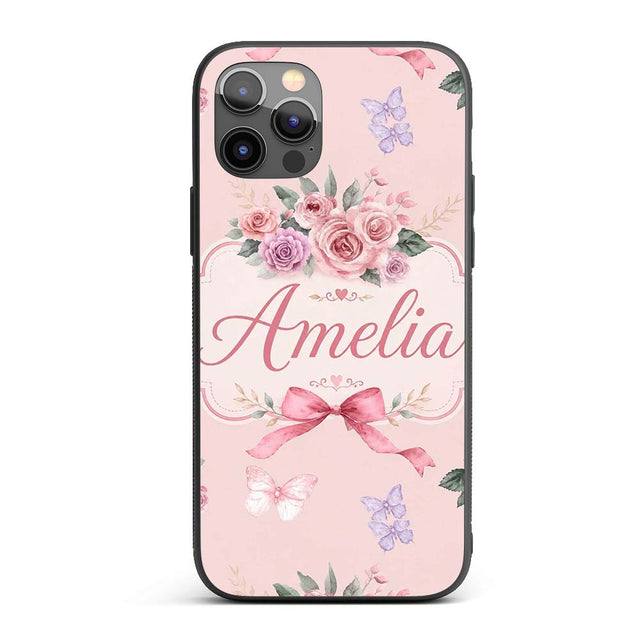 Elegant Watercolor Rose Bouquet Ribbon Butterfly Custom Name Protective Phone Case Mobile Cover Durable Everyday Smartphone Shock Resistant