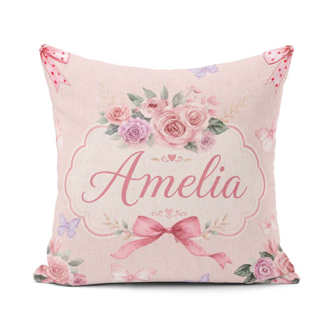 Custom Name Elegant Watercolor Rose Bouquet Butterfly Background Square Filled Cushion Throw Pillow Sofa Bed Home Decor Zip Washable UK Made