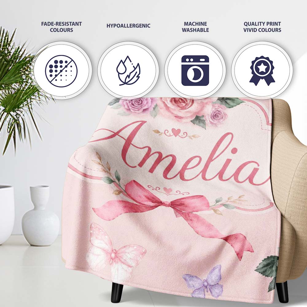 Elegant Watercolor Rose Bouquet Ribbon Butterfly Pink Background  Personalised Custom Name Super Soft Fleece Blanket Bed Sofa Throw