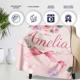 Elegant Watercolor Rose Bouquet Ribbon Butterfly Pink Background  Personalised Custom Name Super Soft Fleece Blanket Bed Sofa Throw