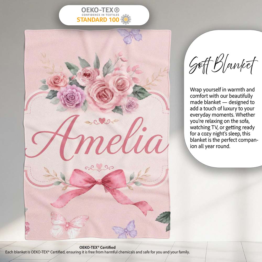 Elegant Watercolor Rose Bouquet Ribbon Butterfly Pink Background  Personalised Custom Name Super Soft Fleece Blanket Bed Sofa Throw