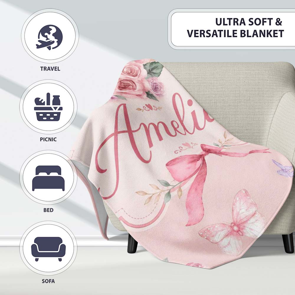 Elegant Watercolor Rose Bouquet Ribbon Butterfly Pink Background  Personalised Custom Name Super Soft Fleece Blanket Bed Sofa Throw