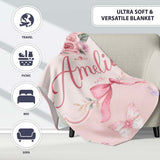 Elegant Watercolor Rose Bouquet Ribbon Butterfly Pink Background  Personalised Custom Name Super Soft Fleece Blanket Bed Sofa Throw