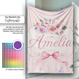 Elegant Watercolor Rose Bouquet Ribbon Butterfly Pink Background  Personalised Custom Name Super Soft Fleece Blanket Bed Sofa Throw