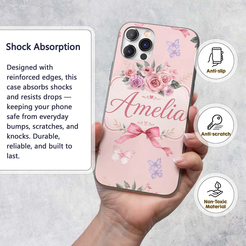 Elegant Watercolor Rose Bouquet Ribbon Butterfly Custom Name Protective Phone Case Mobile Cover Durable Everyday Smartphone Shock Resistant