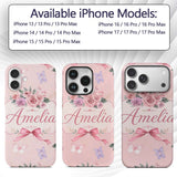 Elegant Watercolor Rose Bouquet Ribbon Butterfly Custom Name Protective Phone Case Mobile Cover Durable Everyday Smartphone Shock Resistant