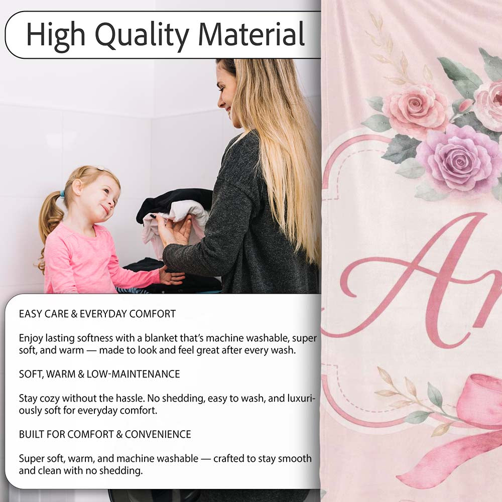 Elegant Watercolor Rose Bouquet Ribbon Butterfly Pink Background  Personalised Custom Name Super Soft Fleece Blanket Bed Sofa Throw