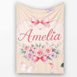 Elegant Watercolor Rose Bouquet Ribbon Butterfly Warm Beige Lovely  Personalised Custom Name Super Soft Fleece Blanket Bed Sofa Throw
