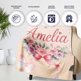Elegant Watercolor Rose Bouquet Ribbon Butterfly Warm Beige Lovely  Personalised Custom Name Super Soft Fleece Blanket Bed Sofa Throw