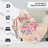 Elegant Watercolor Rose Bouquet Ribbon Butterfly Warm Beige Lovely  Personalised Custom Name Super Soft Fleece Blanket Bed Sofa Throw