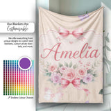 Elegant Watercolor Rose Bouquet Ribbon Butterfly Warm Beige Lovely  Personalised Custom Name Super Soft Fleece Blanket Bed Sofa Throw