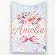 Elegant Watercolor Rose Bouquet Ribbon Butterfly Soft Blue Stripe  Personalised Custom Name Super Soft Fleece Blanket Bed Sofa Throw