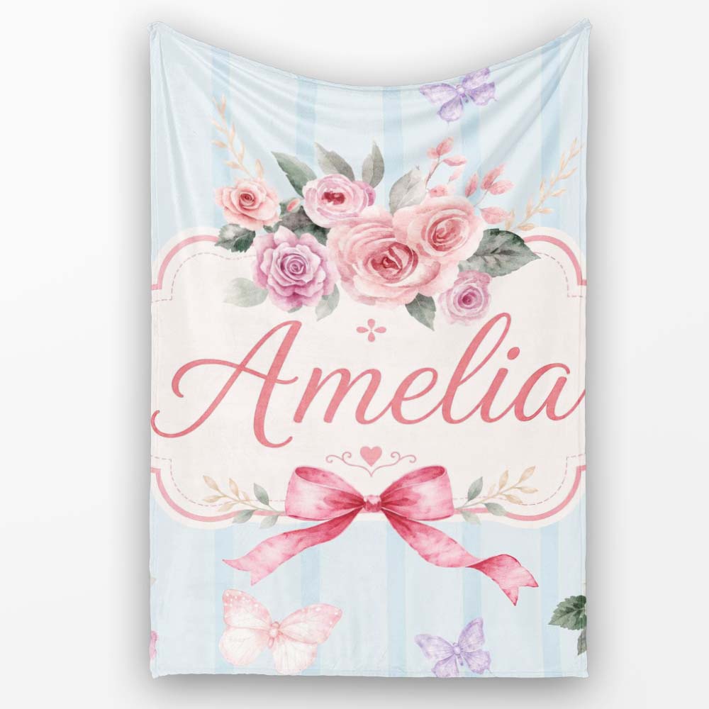 Elegant Watercolor Rose Bouquet Ribbon Butterfly Soft Blue Stripe  Personalised Custom Name Super Soft Fleece Blanket Bed Sofa Throw