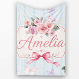Elegant Watercolor Rose Bouquet Ribbon Butterfly Soft Blue Stripe  Personalised Custom Name Super Soft Fleece Blanket Bed Sofa Throw