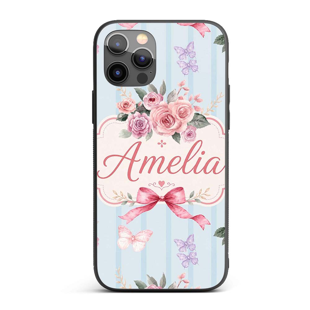 Elegant Watercolor Rose Bouquet Ribbon Butterfly Custom Name Protective Phone Case Mobile Cover Durable Everyday Smartphone Shock Resistant