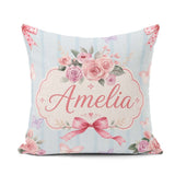 Custom Name Elegant Watercolor Rose Ribbon Butterfly Soft Stripe Square Filled Cushion Throw Pillow Sofa Bed Home Decor Zip Washable UK Made