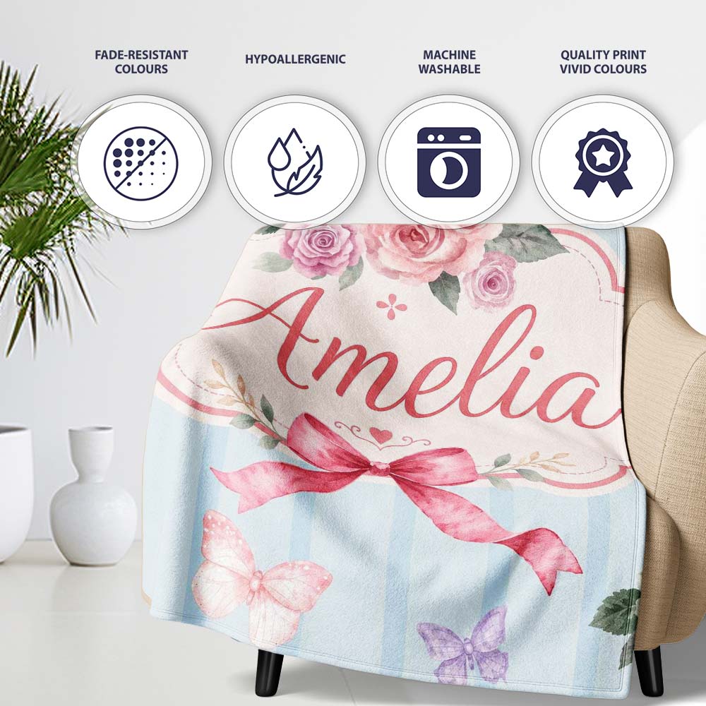 Elegant Watercolor Rose Bouquet Ribbon Butterfly Soft Blue Stripe  Personalised Custom Name Super Soft Fleece Blanket Bed Sofa Throw