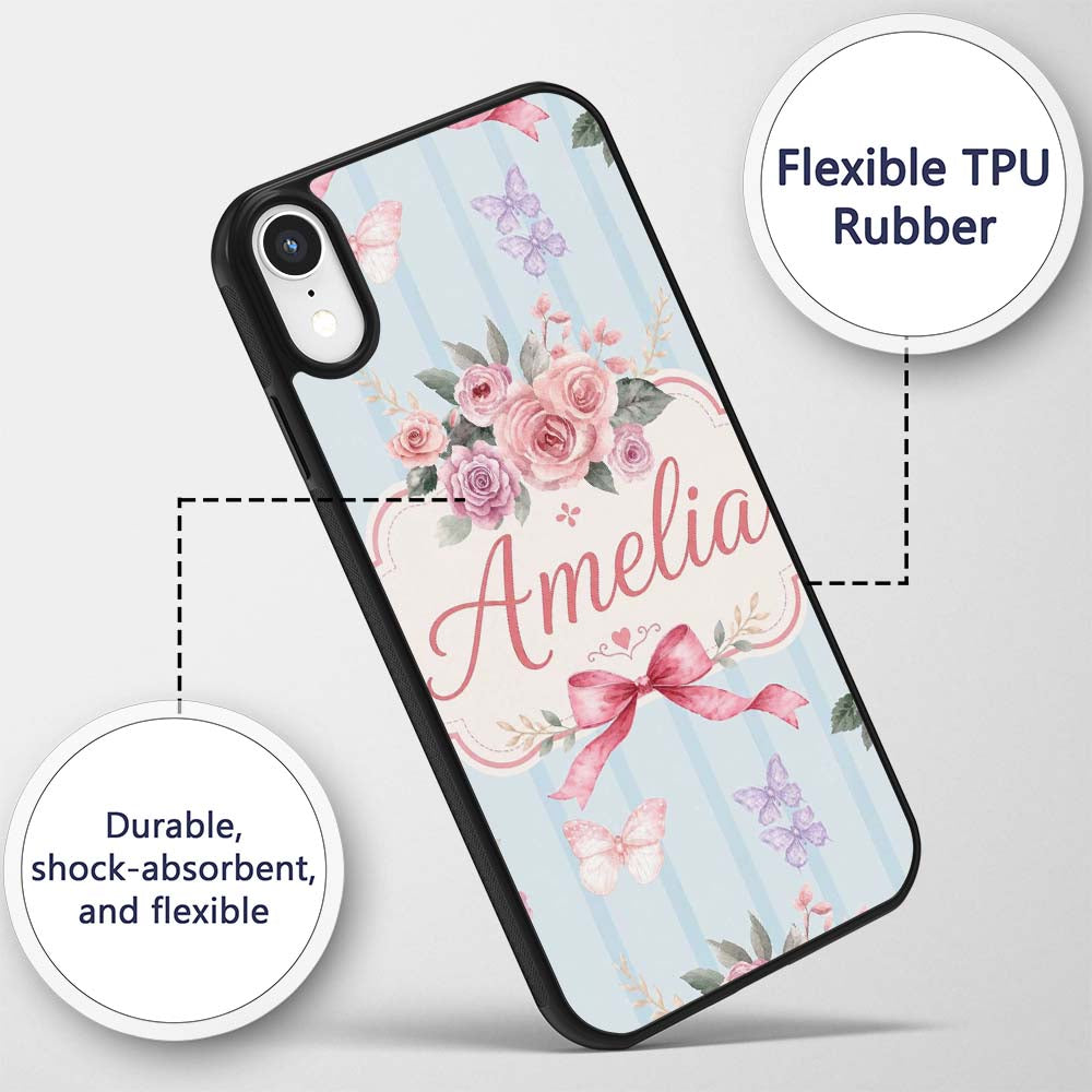 Elegant Watercolor Rose Bouquet Ribbon Butterfly Custom Name Protective Phone Case Mobile Cover Durable Everyday Smartphone Shock Resistant