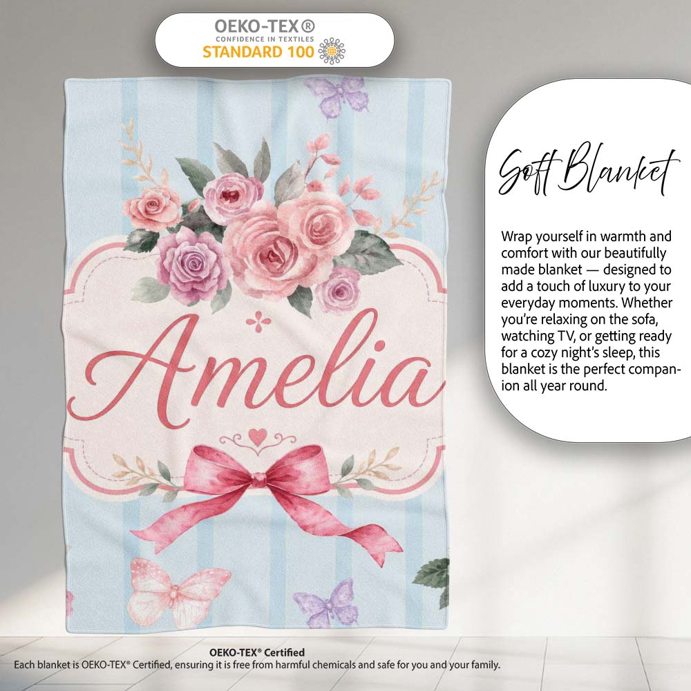 Elegant Watercolor Rose Bouquet Ribbon Butterfly Soft Blue Stripe  Personalised Custom Name Super Soft Fleece Blanket Bed Sofa Throw