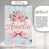 Elegant Watercolor Rose Bouquet Ribbon Butterfly Soft Blue Stripe  Personalised Custom Name Super Soft Fleece Blanket Bed Sofa Throw