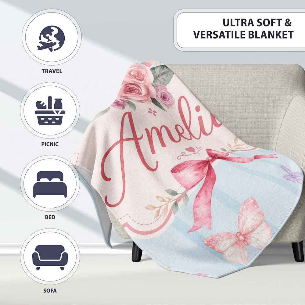 Elegant Watercolor Rose Bouquet Ribbon Butterfly Soft Blue Stripe  Personalised Custom Name Super Soft Fleece Blanket Bed Sofa Throw