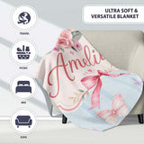 Elegant Watercolor Rose Bouquet Ribbon Butterfly Soft Blue Stripe  Personalised Custom Name Super Soft Fleece Blanket Bed Sofa Throw