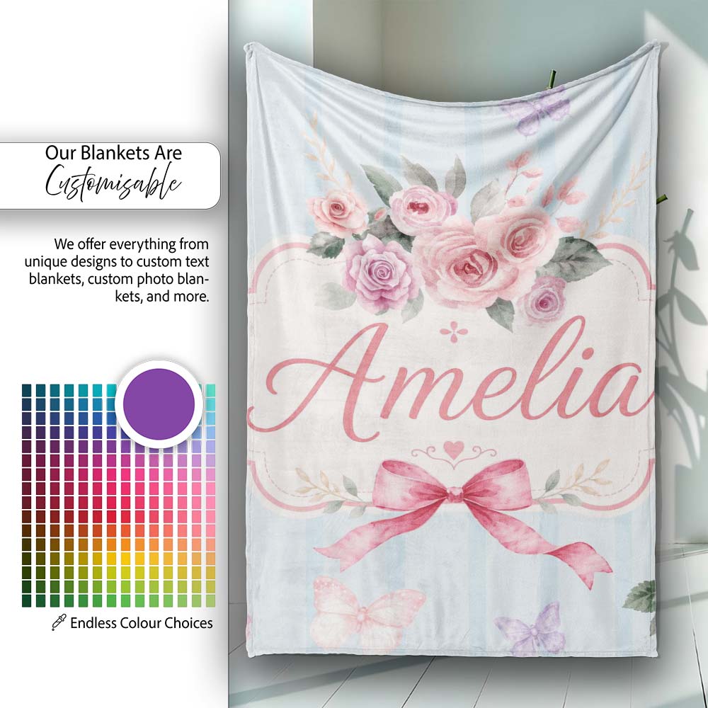 Elegant Watercolor Rose Bouquet Ribbon Butterfly Soft Blue Stripe  Personalised Custom Name Super Soft Fleece Blanket Bed Sofa Throw