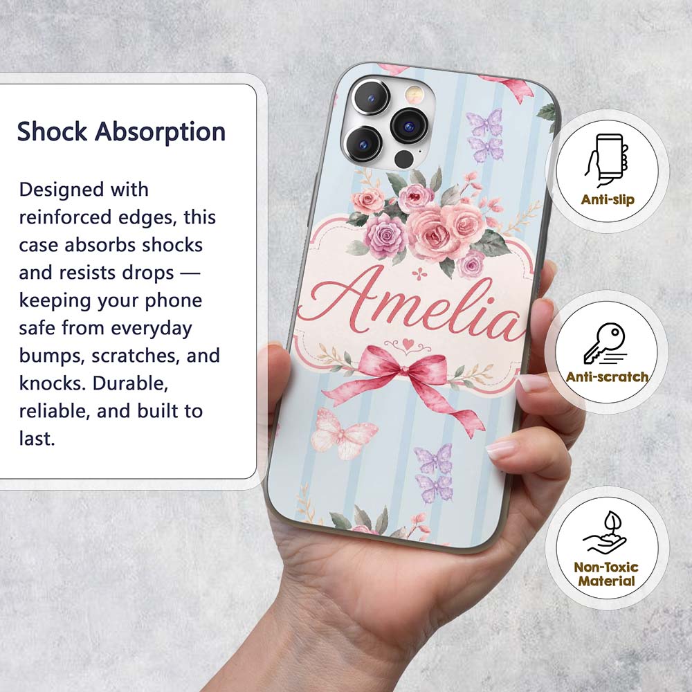 Elegant Watercolor Rose Bouquet Ribbon Butterfly Custom Name Protective Phone Case Mobile Cover Durable Everyday Smartphone Shock Resistant