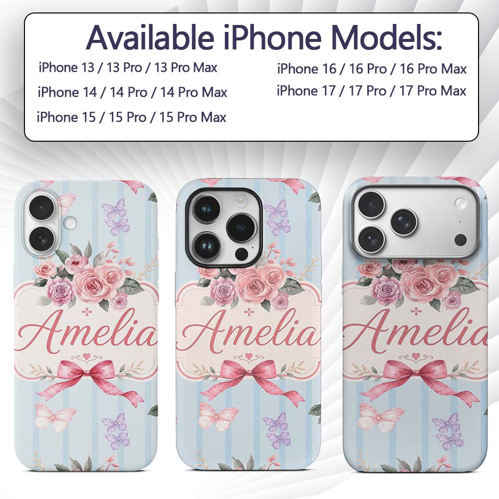 Elegant Watercolor Rose Bouquet Ribbon Butterfly Custom Name Protective Phone Case Mobile Cover Durable Everyday Smartphone Shock Resistant
