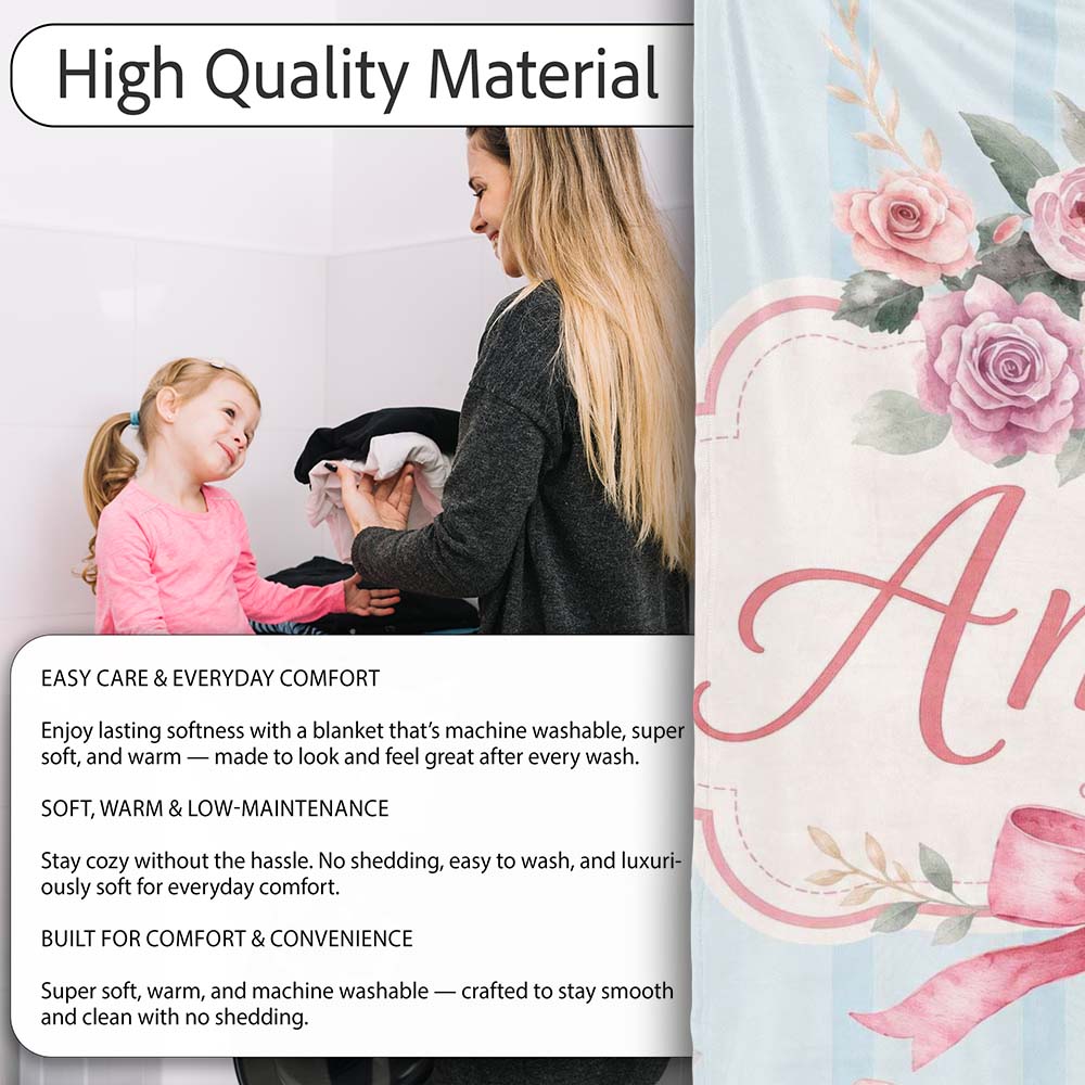 Elegant Watercolor Rose Bouquet Ribbon Butterfly Soft Blue Stripe  Personalised Custom Name Super Soft Fleece Blanket Bed Sofa Throw