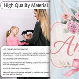 Elegant Watercolor Rose Bouquet Ribbon Butterfly Soft Blue Stripe  Personalised Custom Name Super Soft Fleece Blanket Bed Sofa Throw